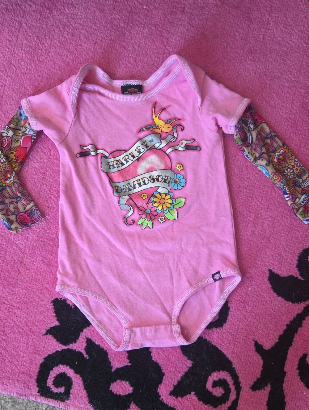 Harley-Davidson Pink Floral Logo Baby Bodysuit with Patterned Sleeves